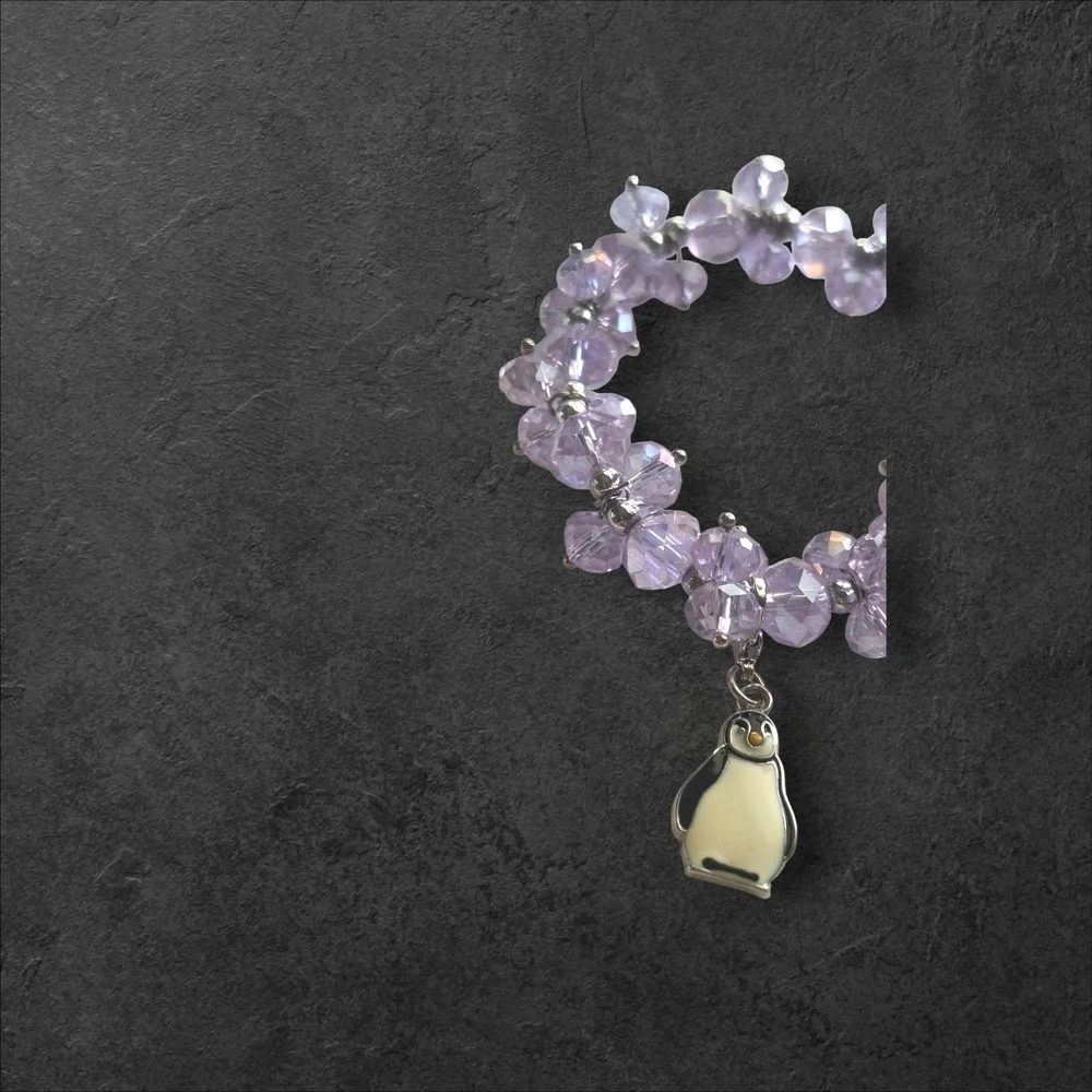 Purple and Silver Beaded Bracelet with Geometric Pendant Stretch